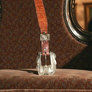 Vintage Italian Vincenza Sterling + Genuine Calfskin Alligator Print Belt 28